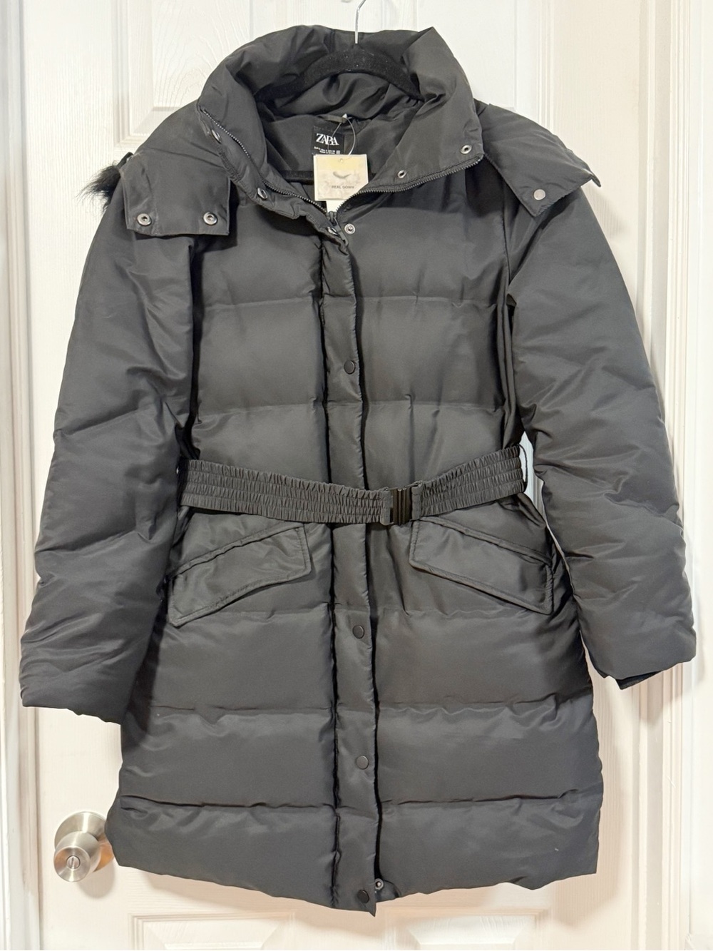 ZARA Water Repellent Real Down Belted Puffer Coat with Detachable Fur Hood